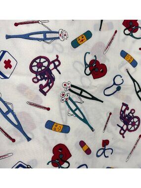 Medical Themed Cotton Fabric 12"x38" White Colorful Doctor Nurse Icons Bandages